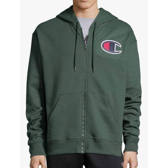 Champion Mens Powerblend Fleece Full Zip Logo Hoodie Large Green Olive AN NWT - Picture 1 of 12